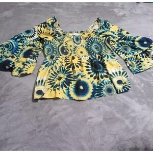 Terra & Sky Blouse Womens 1X Yellow Tie Dye Boho Square Neck Bell Sleeve Top